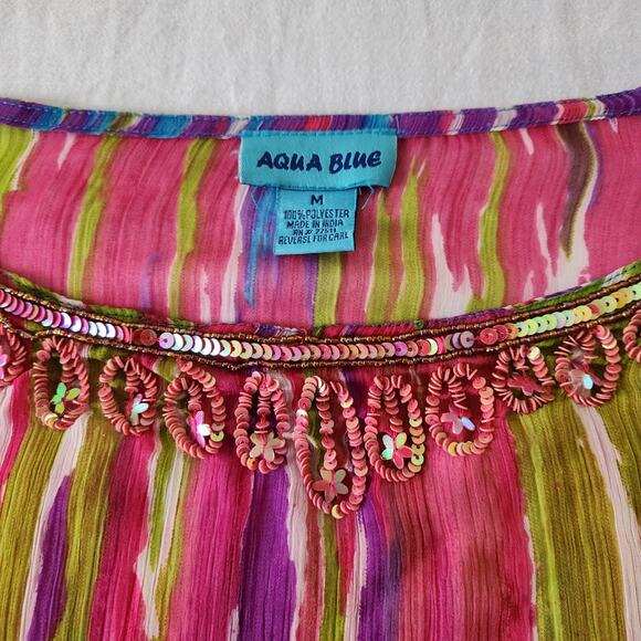 Aqua Blue Dolman Sleeve Top | Ballet Neck Bold Print | Pre-Owned - Picture 4 of 8